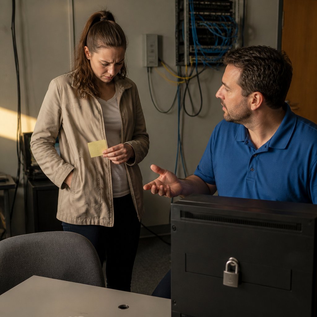 A woman stands with an IT technician in a cramped office, looking at a sticky note on her jacket.
