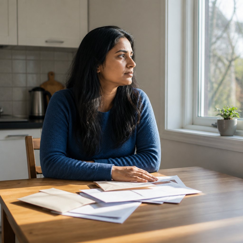 Woman sitting at a kitchen table looking thoughtful, papers spread before her, evening light through window
