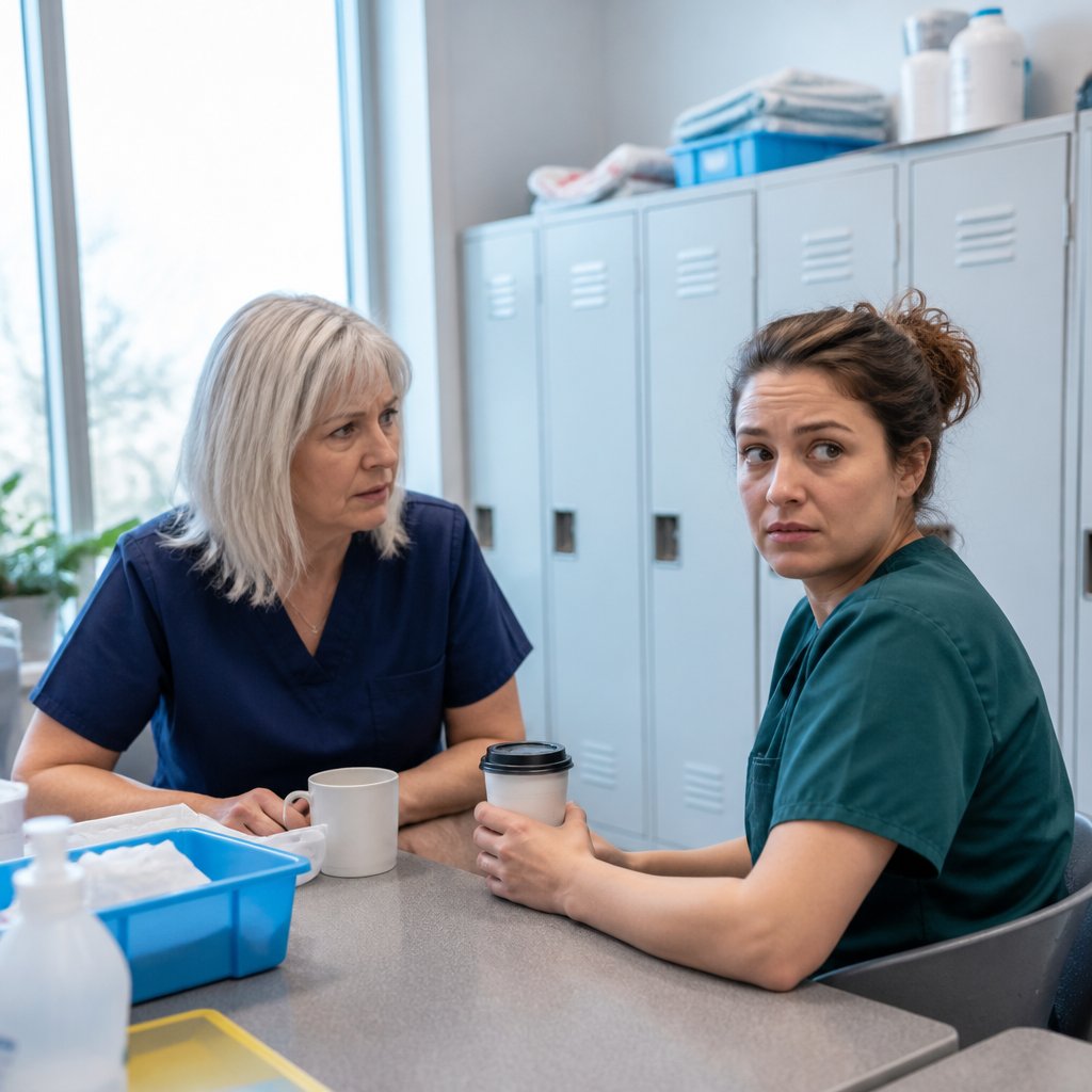 Scrub tech and nurse whispering in hospital break room with worried expressions.