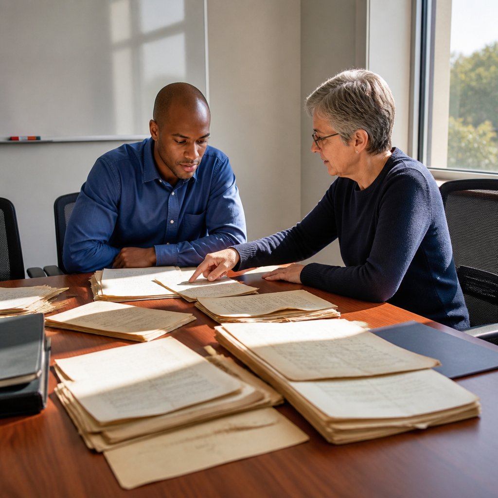 Man and woman examining old maintenance papers in a hospital conference room.