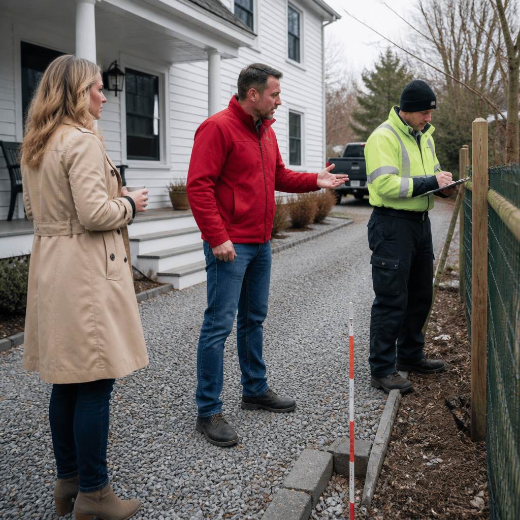 Woman watches as a surveyor takes measurements near a fence while a man confronts her angrily.
