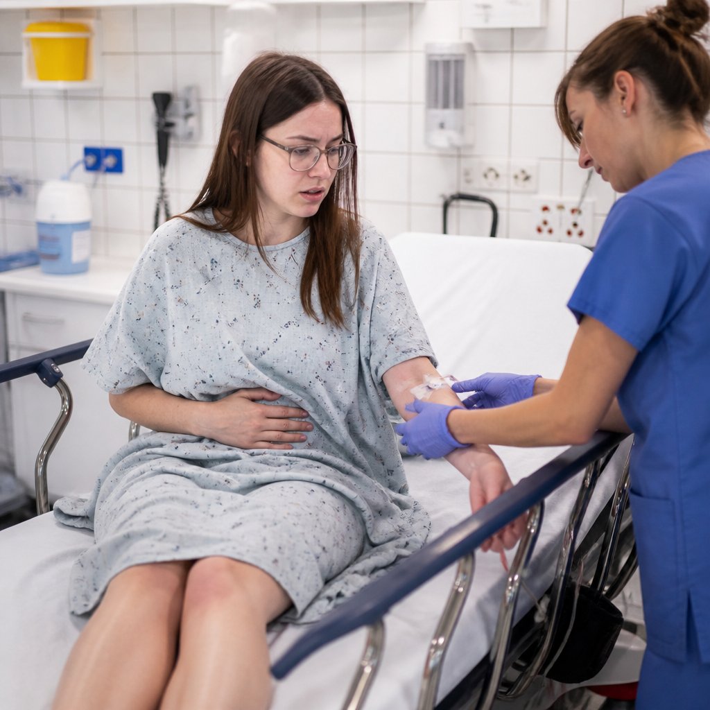 Woman in hospital gown sitting on ER gurney clutching abdomen, nurse adjusting IV, ER setting.