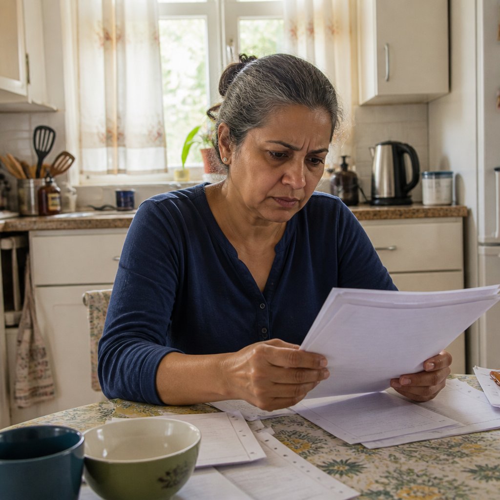 Woman examining incomplete medical records at kitchen table, looking frustrated and concerned.