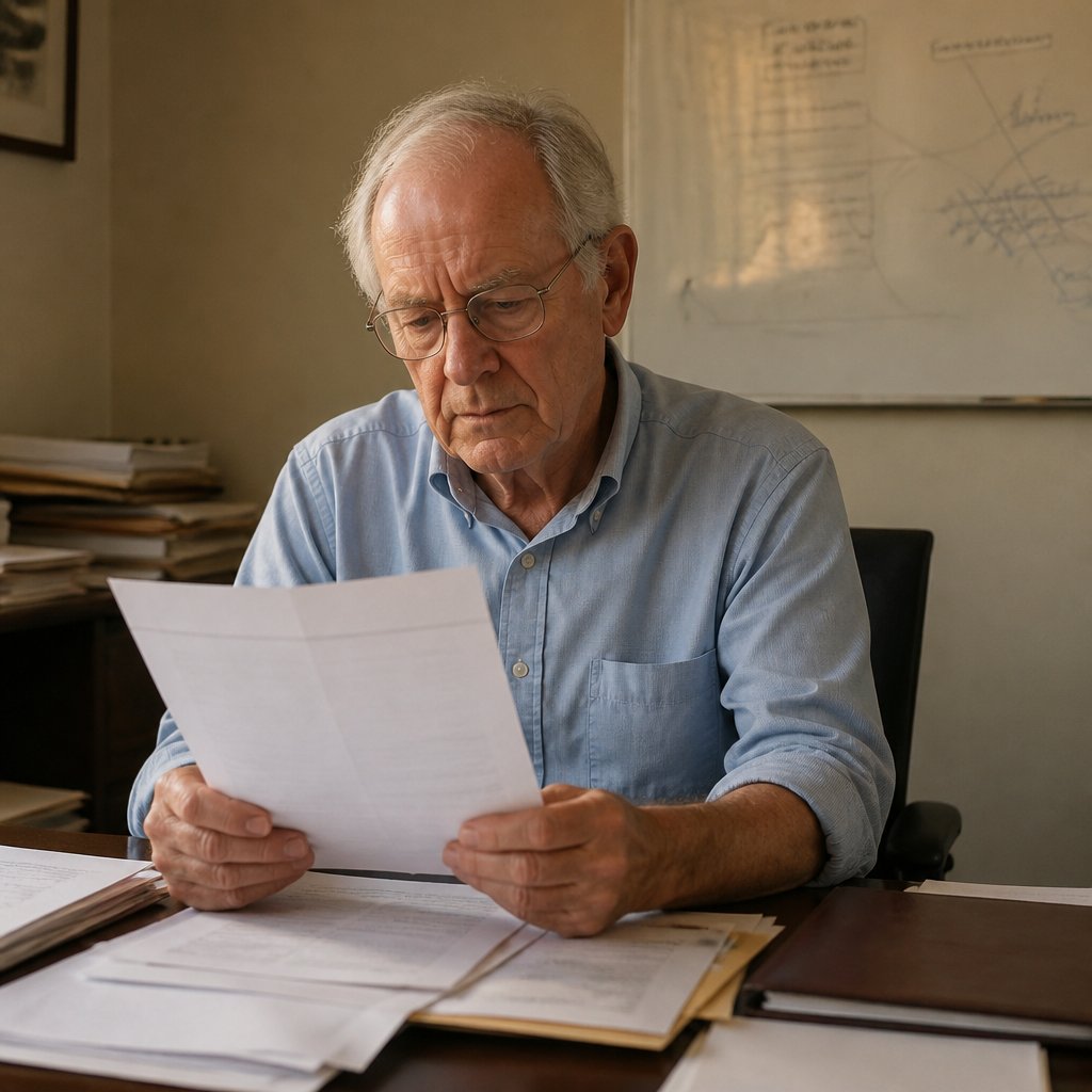 Older man with glasses looks concerned holding a printout in a cluttered office.