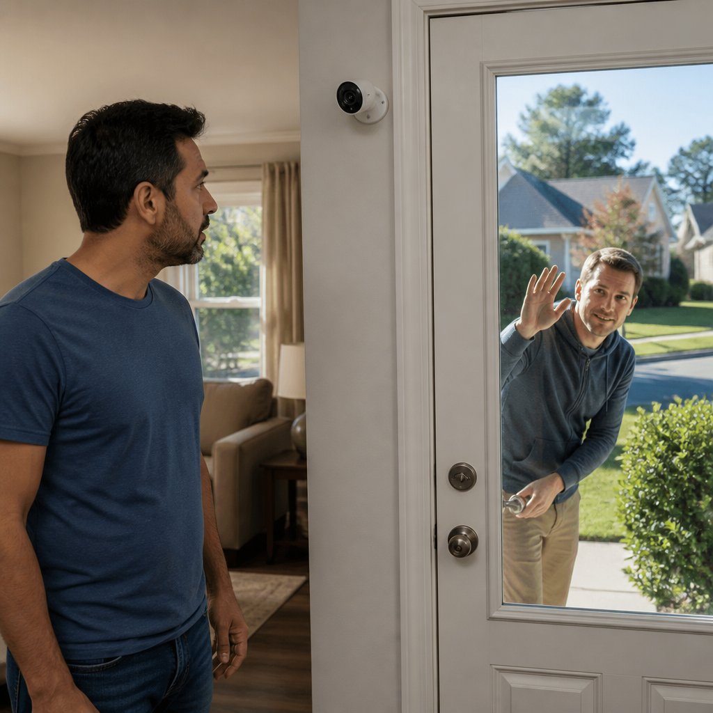 Man watching security camera footage showing neighbor testing doorknob and waving.