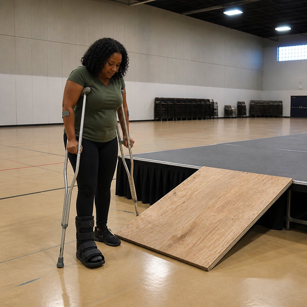 Woman on crutches examining the ramp in an empty gymnasium where she fell