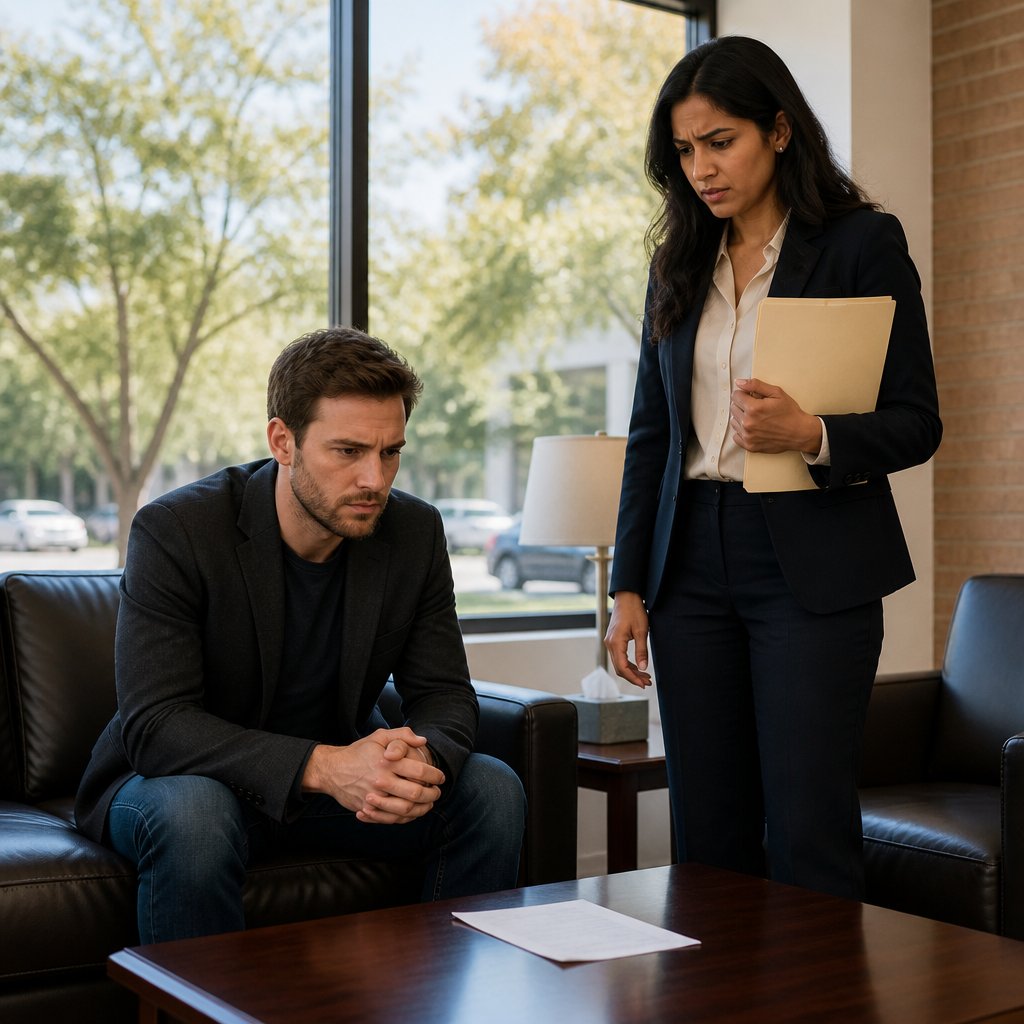 Person in a gray sweater reading a letter in a conference room with serious lawyers around.