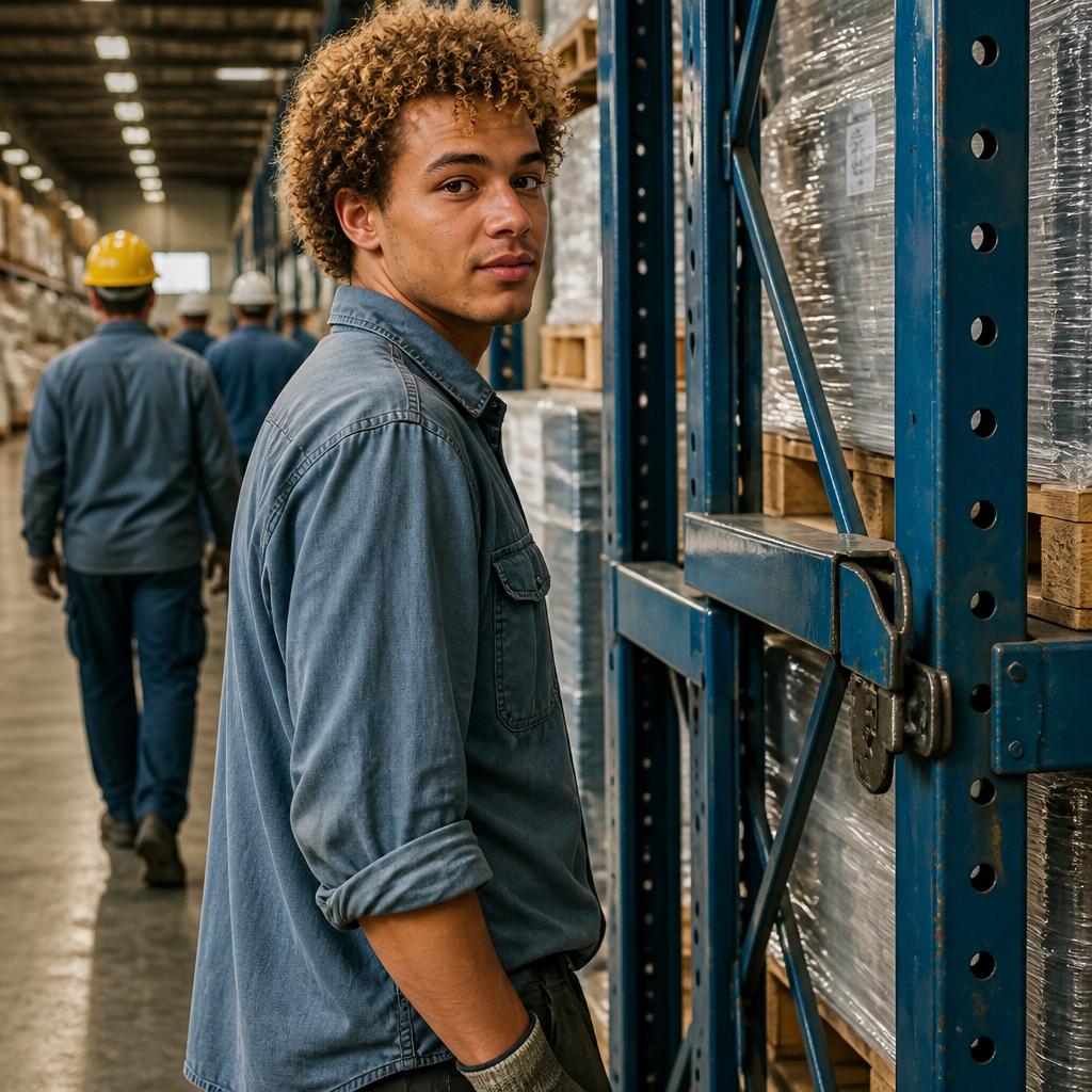 A young man in work clothes standing cautiously near a large industrial rack that subtly moves in a busy warehouse.