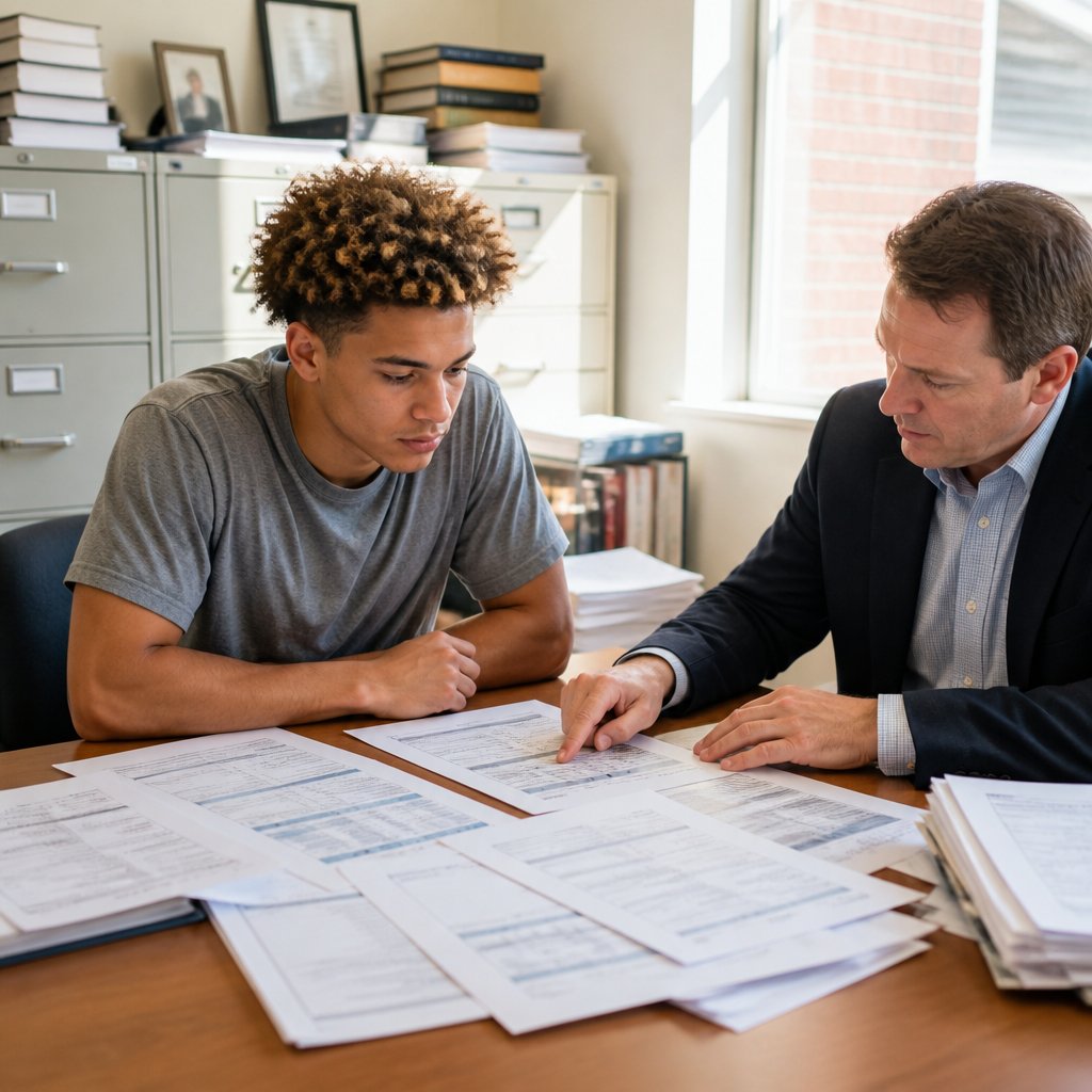 Young man and lawyer discuss documents intensely in a cluttered office.