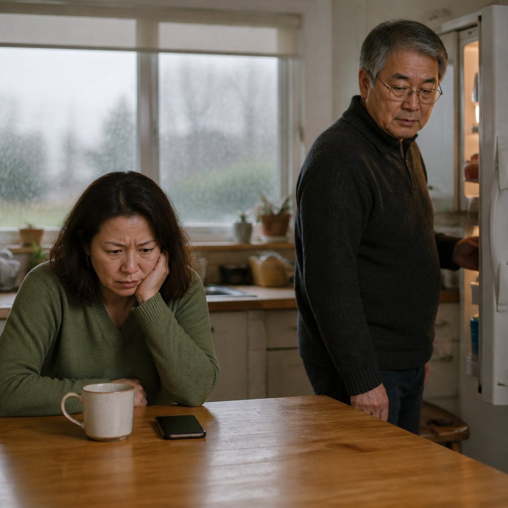 Worried woman looks at phone in kitchen during rainy day