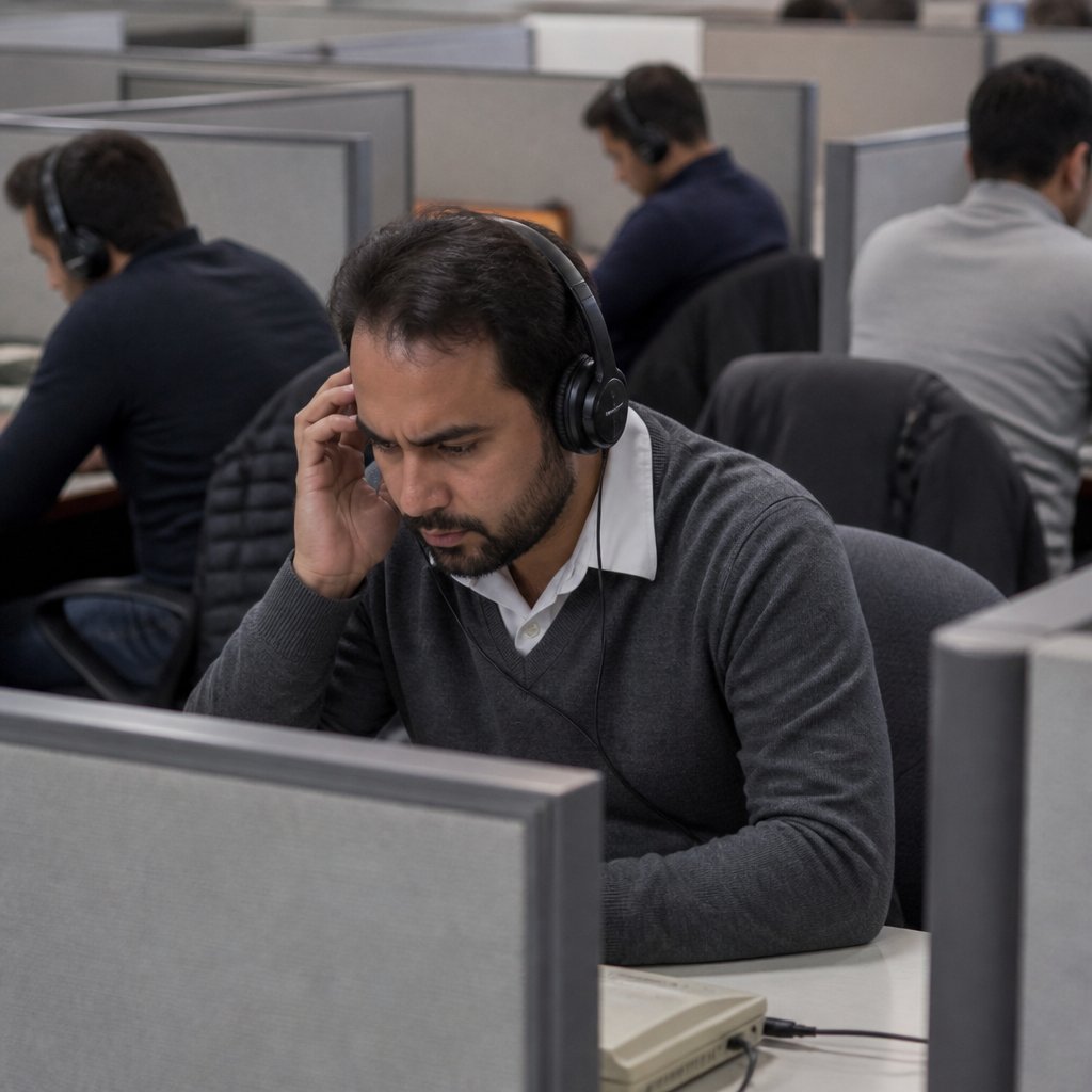 Man listening to recorded calls in office cubicle