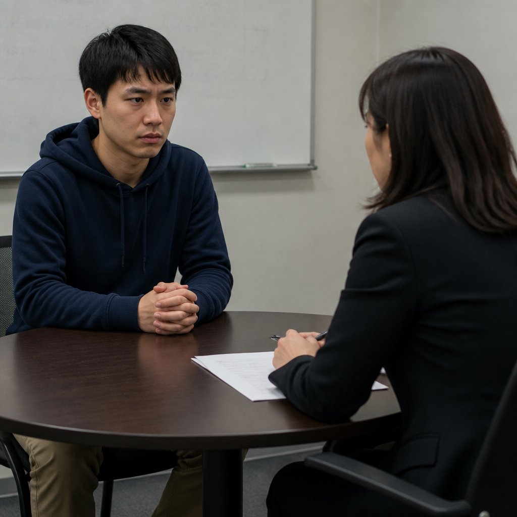 Man being coached by lawyer in a small conference room.