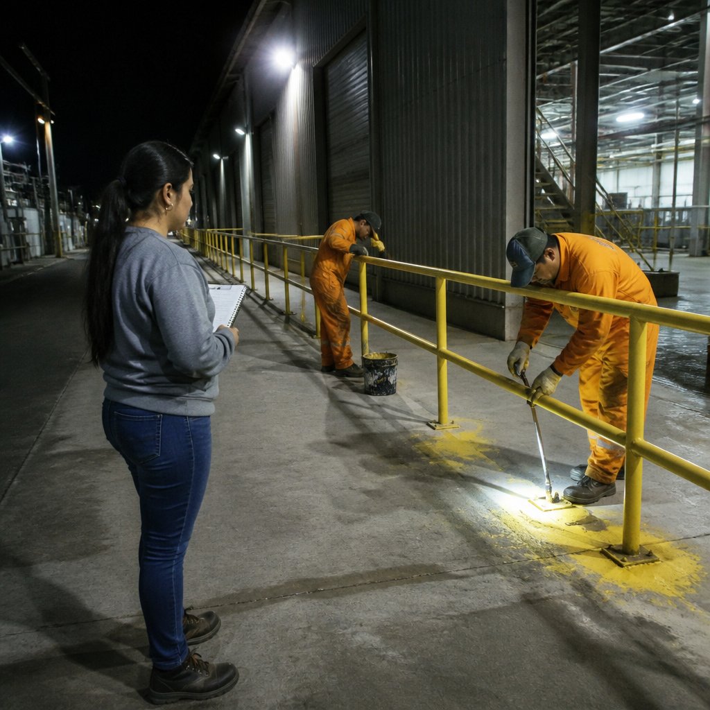 Maintenance crew repainting and reinstalling guardrails at night while the Latina woman observes with a notebook.
