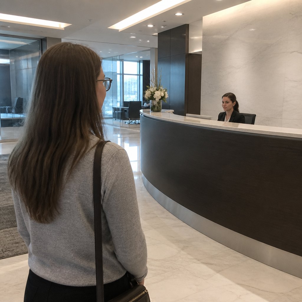 Imposing corporate law firm reception area with glass walls and sleek furniture