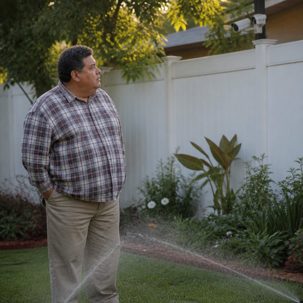 Man inspecting security cameras near fence line with sprinklers running.