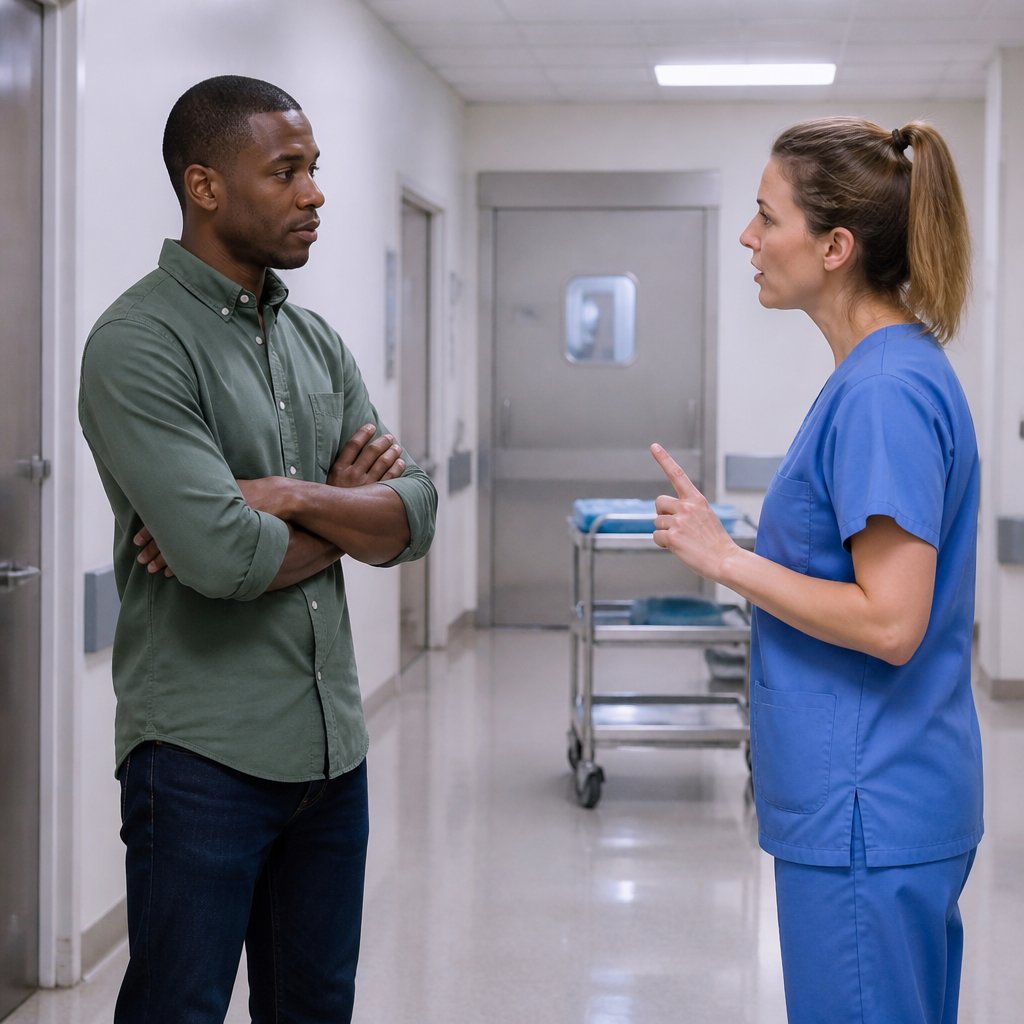 Man confronting nurse outside OR corridor, tension visible in their posture.