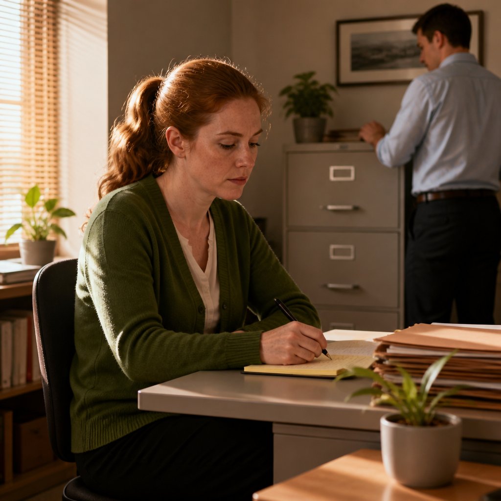 Woman taking notes thoughtfully in an HR office surrounded by files.