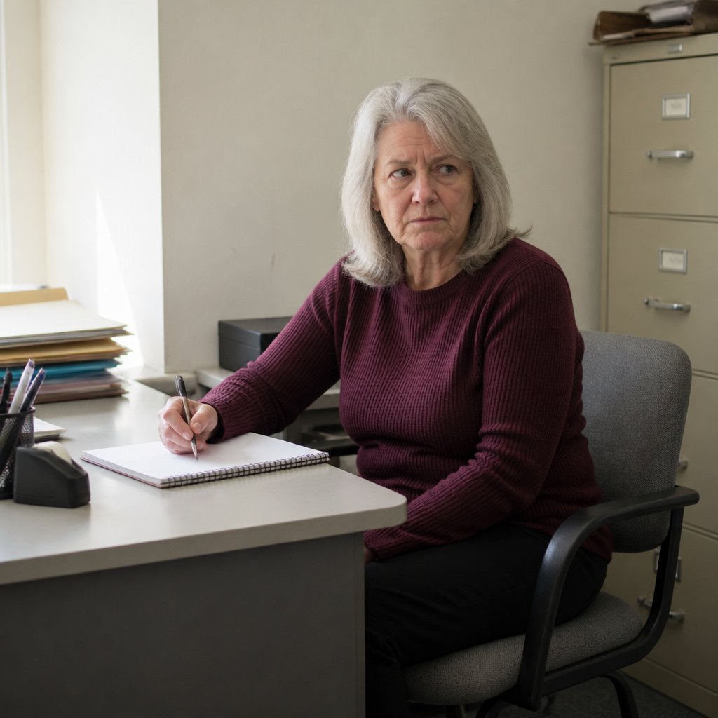 Woman sitting at an office desk looking frustrated, holding a pen over a blank notepad.