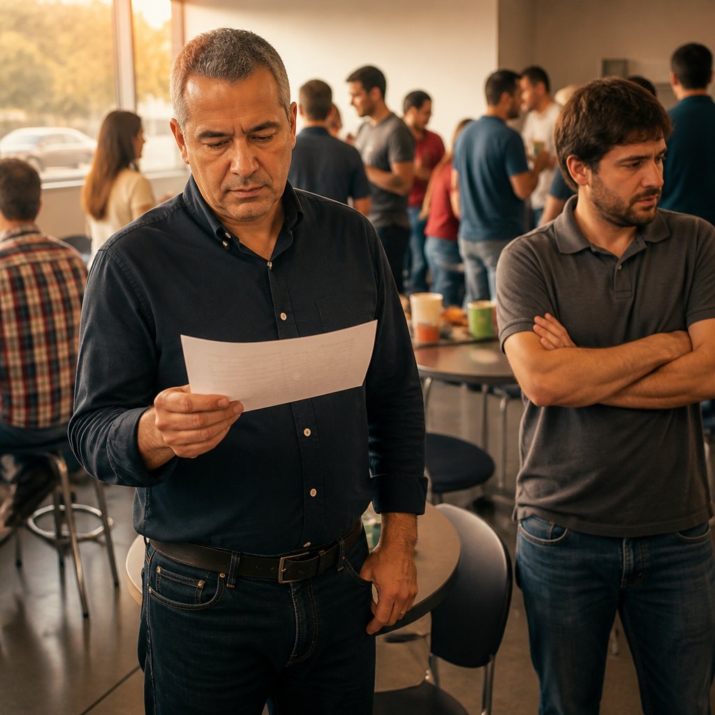 Man reviewing badge scan printout as IT technician looks away nervously in break room