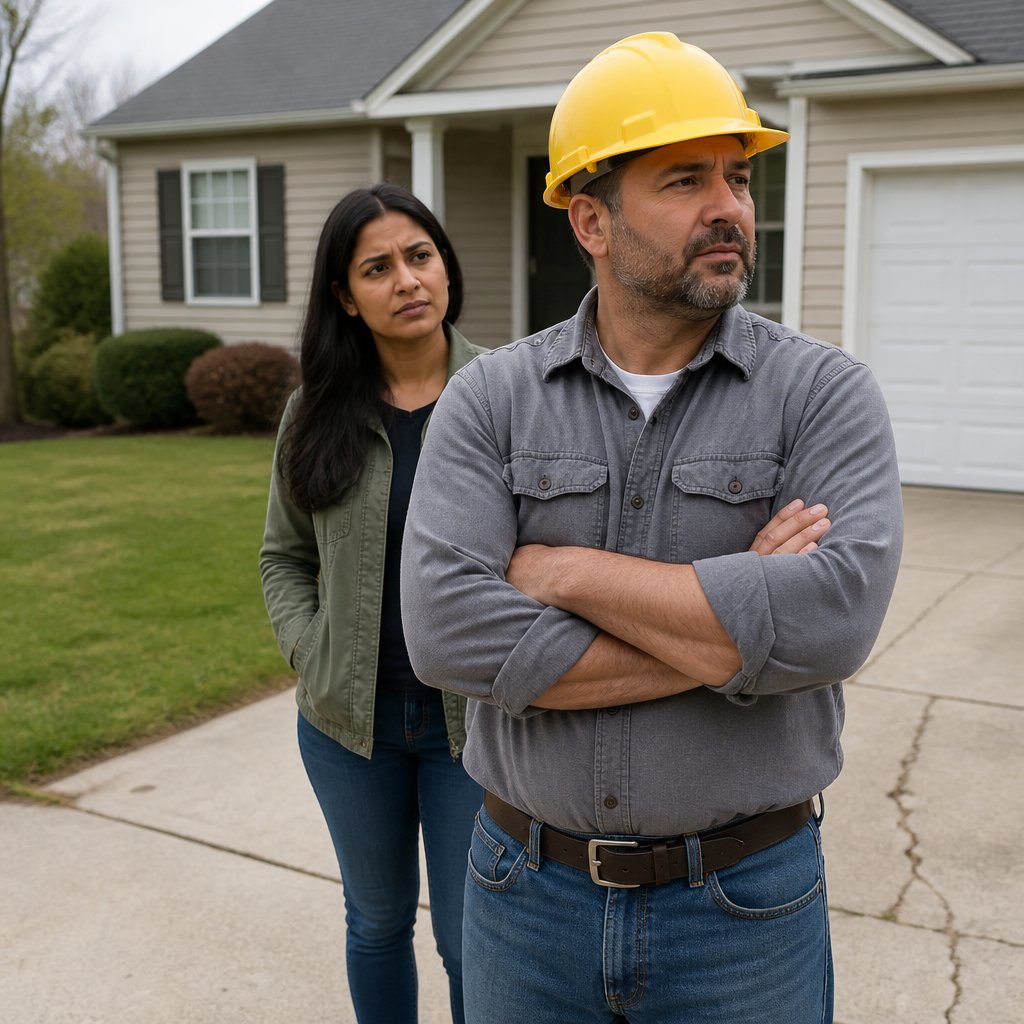 Contractor hesitates to proceed with driveway repair next to a worried woman outside a house.