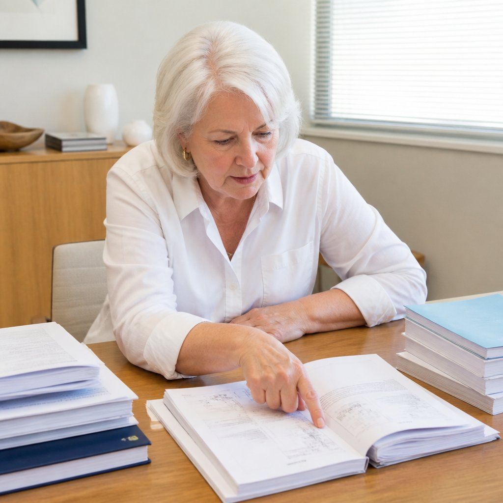 Older white woman reviewing vendor bulletins and lab protocol manuals at conference table