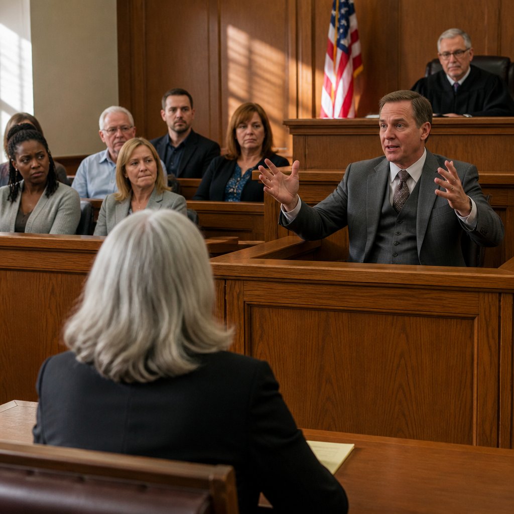 Man testifying dramatically in court while jurors look bewildered or suppress laughter