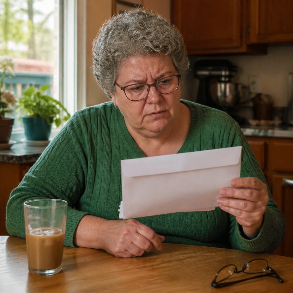 Woman reading an unsettling insurance claim letter at kitchen table