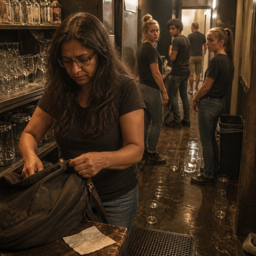 Bartender quickly packing up with a crumpled note on the counter while coworkers look on nervously.