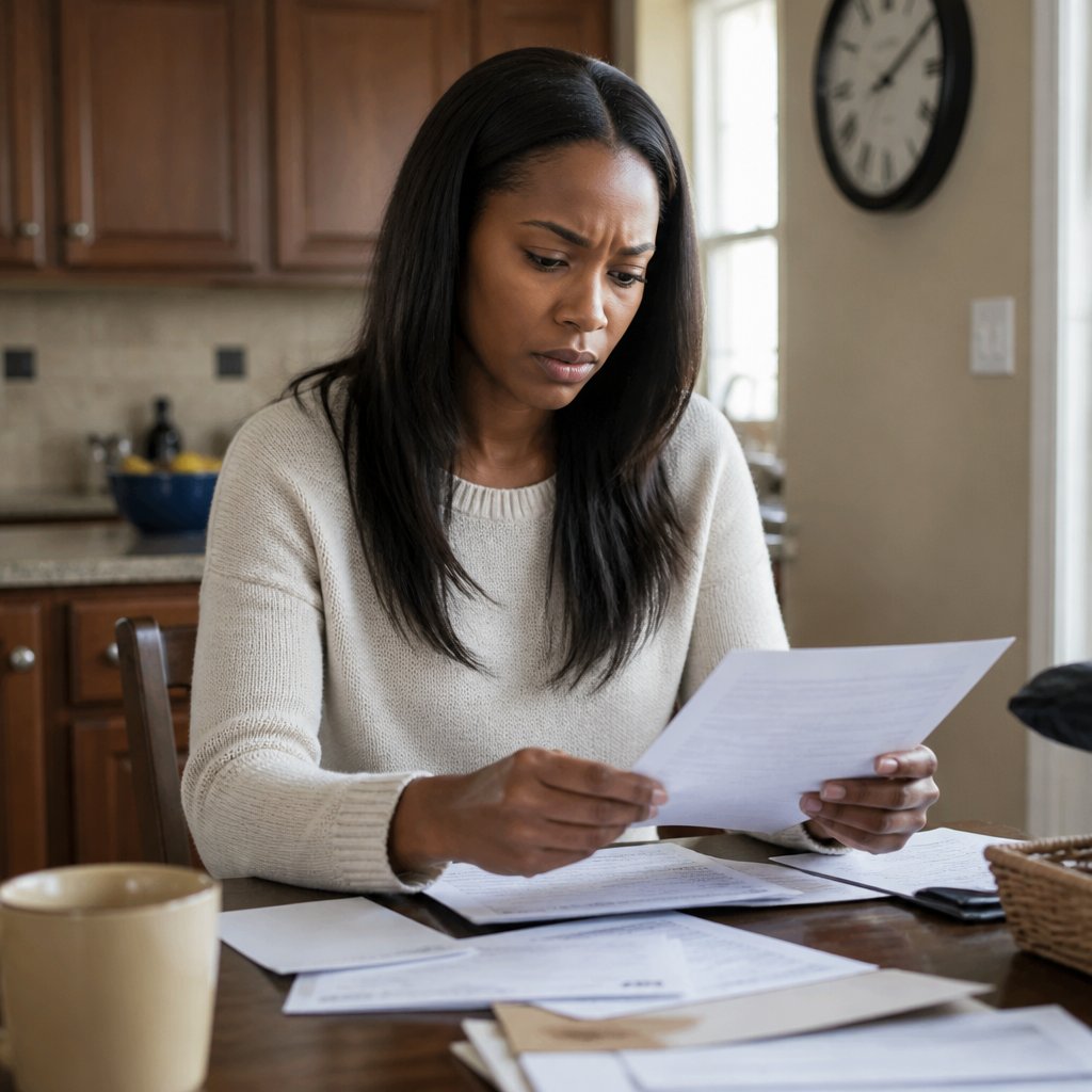 Woman reading letter at kitchen table, concerned expression, natural kitchen setting.