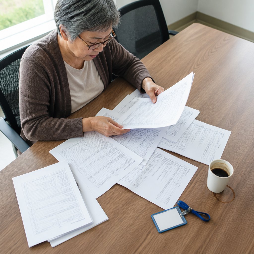 Older East Asian woman comparing printed hospital notes with concern over coffee in a conference room.