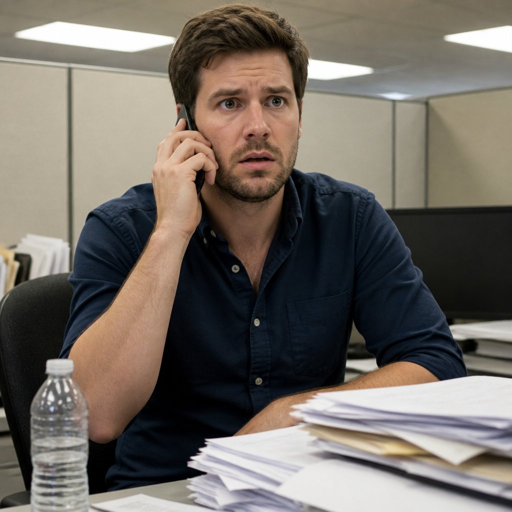 Derek listening anxiously on phone in a bland office cubicle.