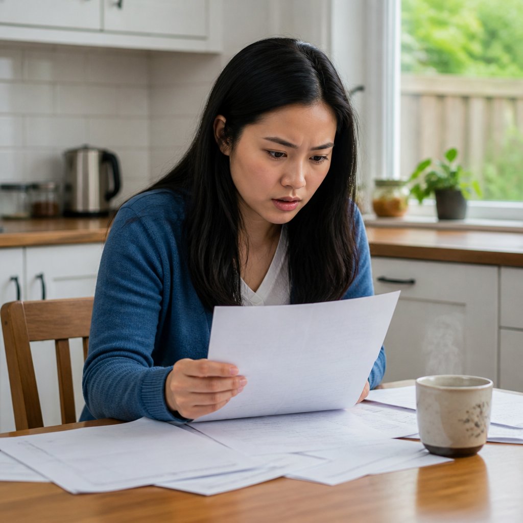 Woman reading legal zoning documents at a kitchen table with tea