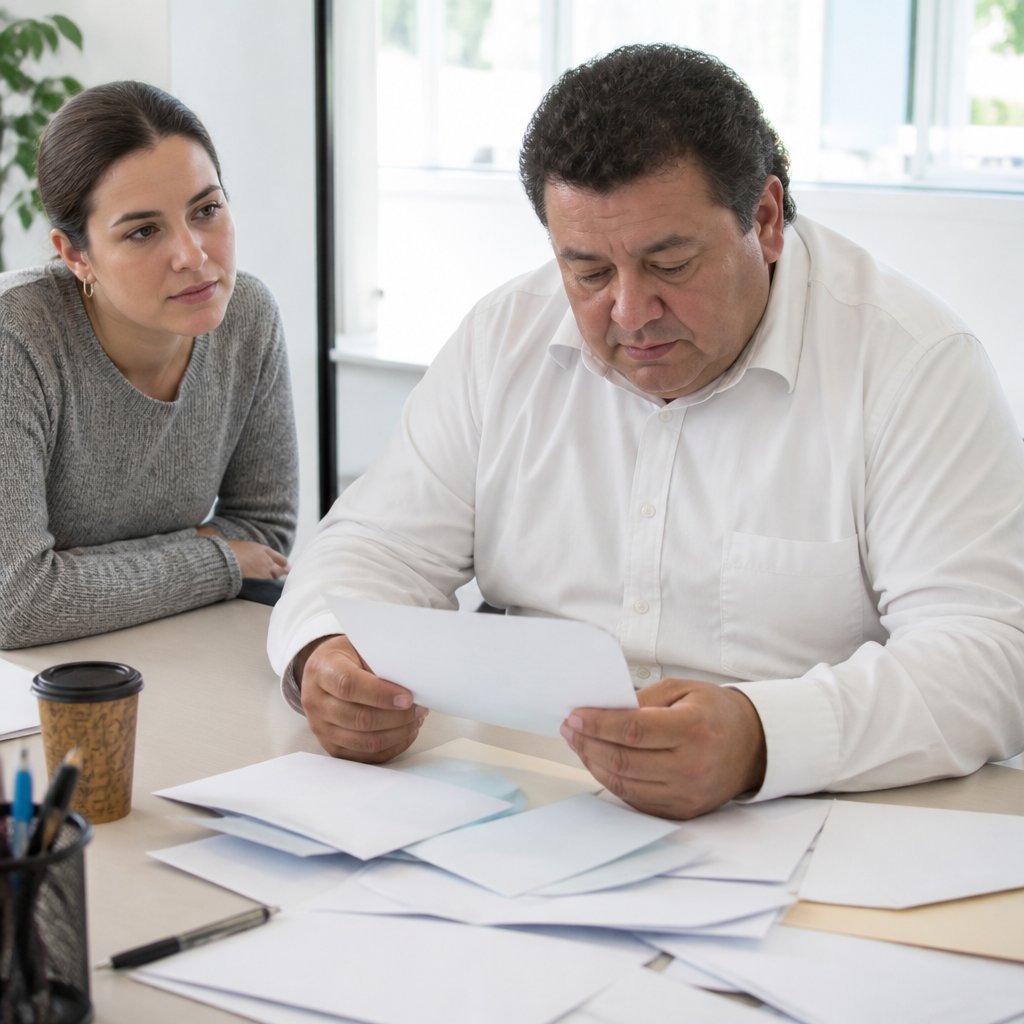 Man reading a lawyer’s letter at a conference table with colleagues