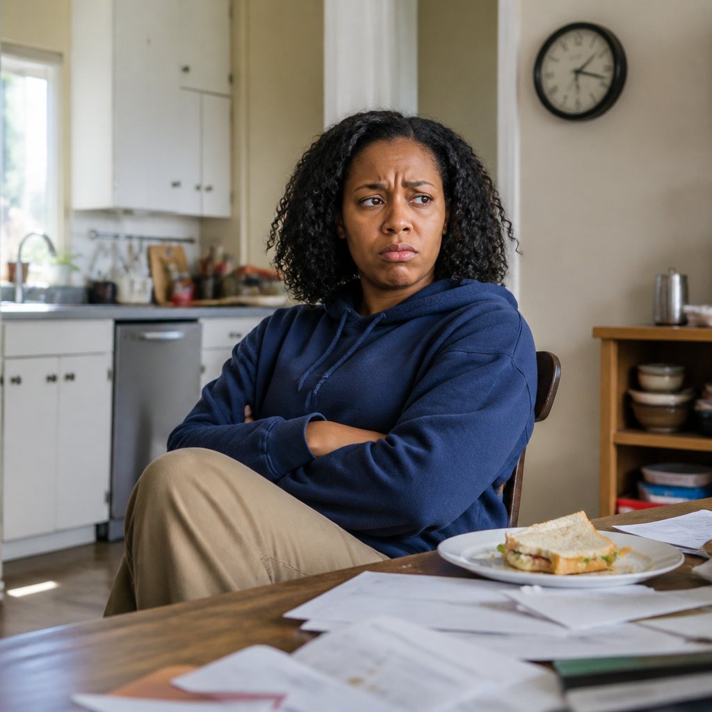 Woman sitting at kitchen table with papers, looking frustrated and tense, arms crossed.