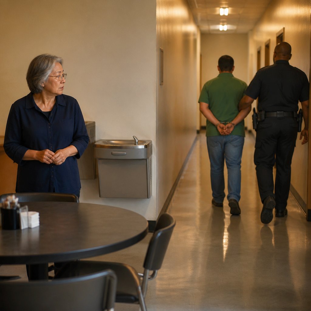 Older East Asian woman watches as a younger Latino man is escorted by security down a factory hallway near break room.