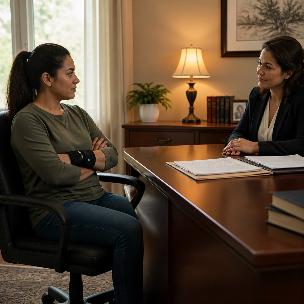 Determined woman with arms crossed rejecting a settlement offer in lawyer's office