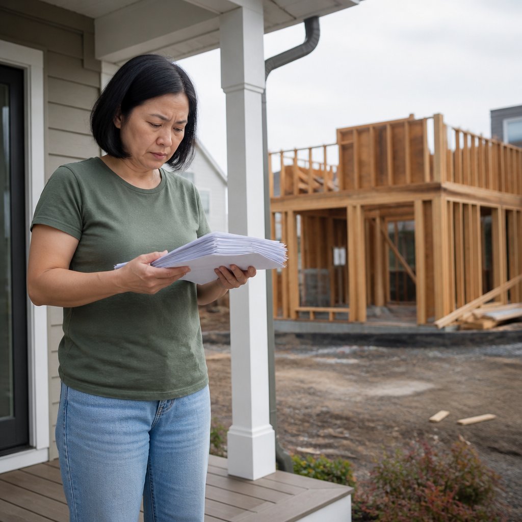 Woman holding legal papers on porch, framed ADU visible behind her, worried expression.