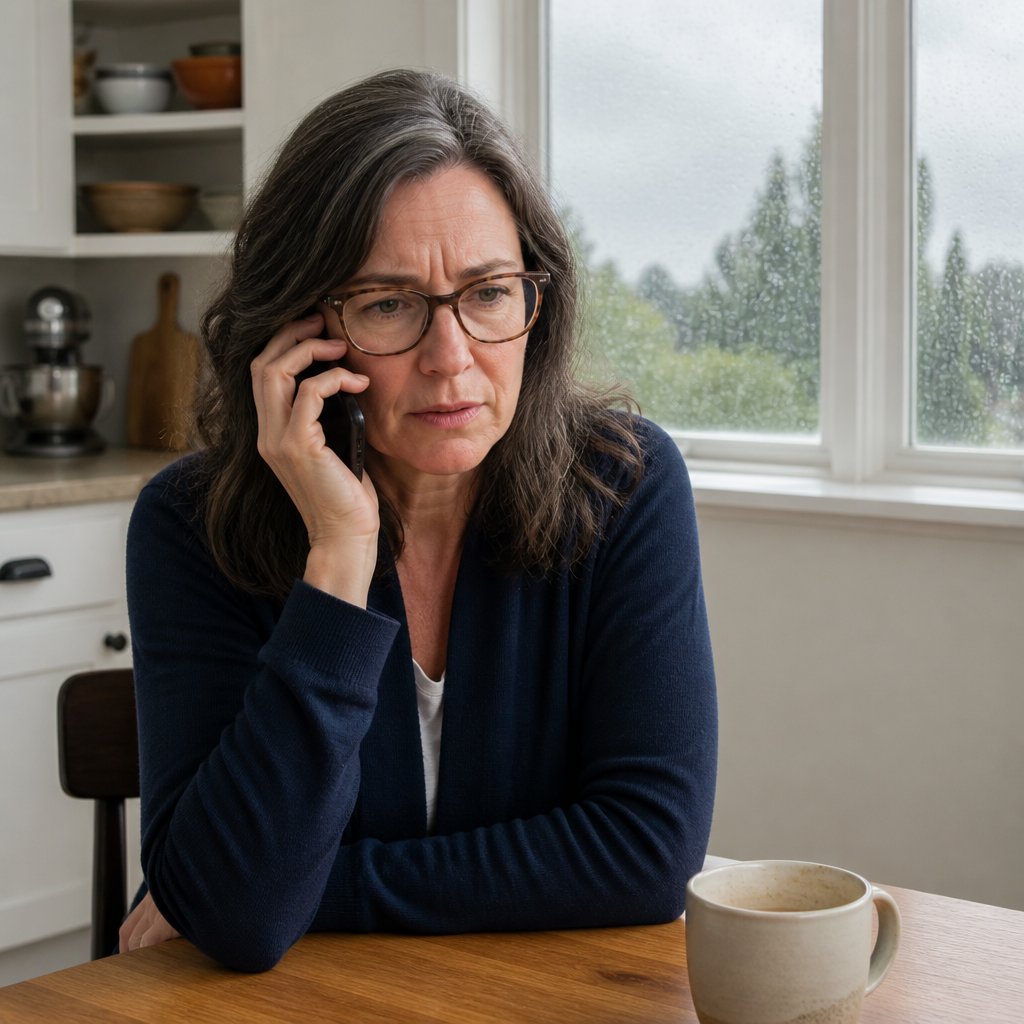 Woman calls hospital risk manager from home kitchen during a storm, anxious expression on her face.