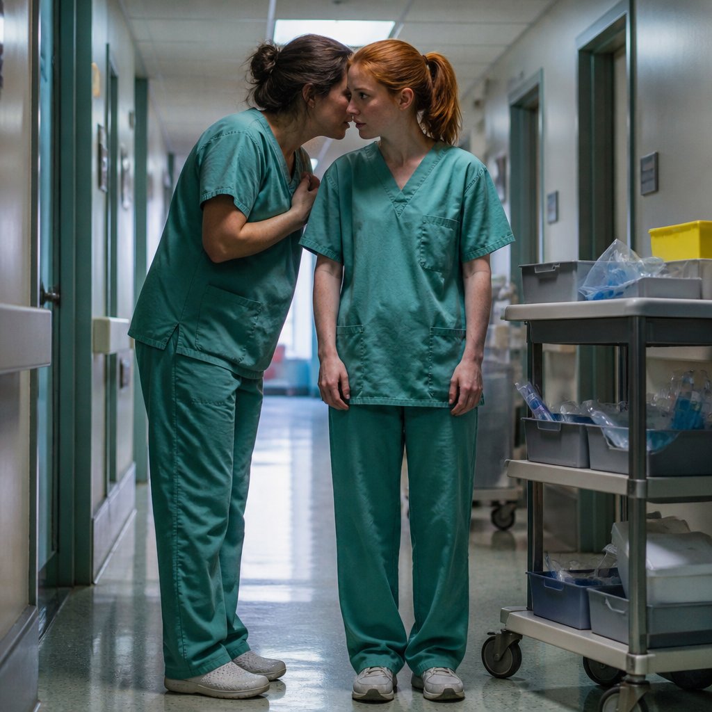 Nurse in green scrubs whispering to a woman with red hair in a hospital corridor.