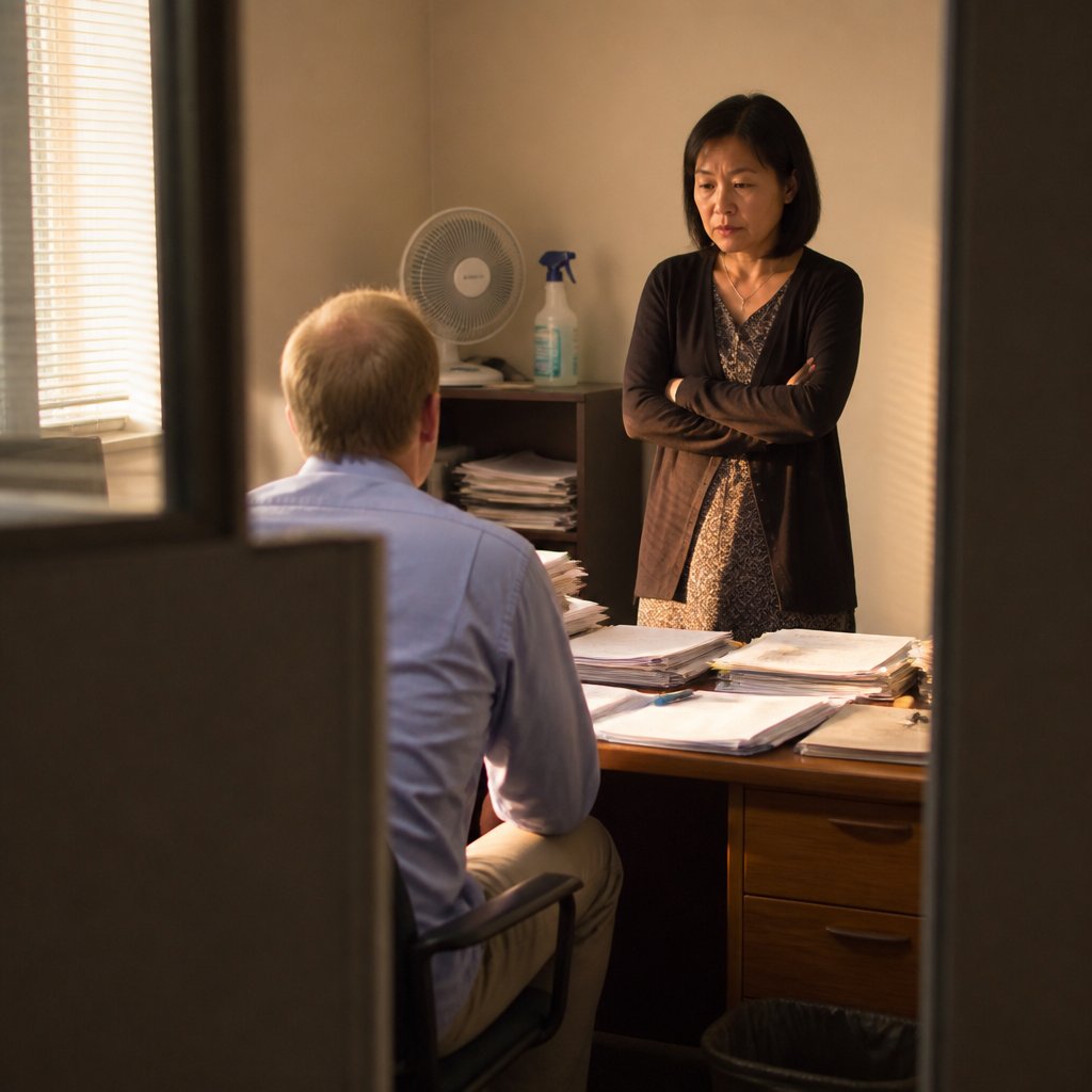 Confrontation in a cramped HR office between assistant manager and employee.