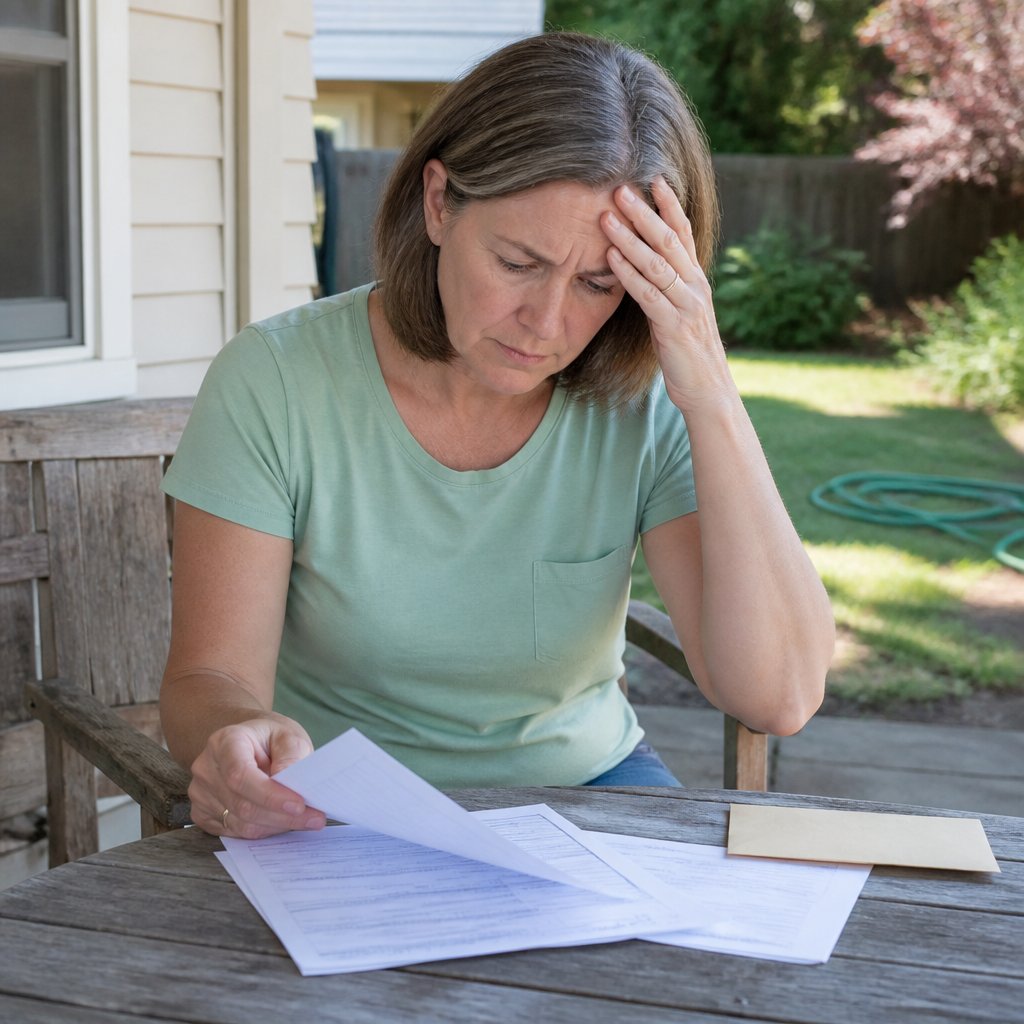 Woman reviewing a contract and invoice on a back porch table, looking stressed and tired.