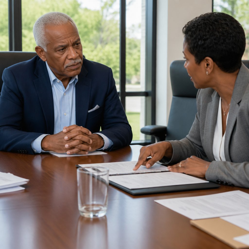 A Black man in his 60s listens tensely as a female lawyer demands device data in a conference room.