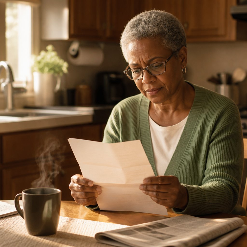 Older Black woman reading a legal demand letter at home kitchen table.