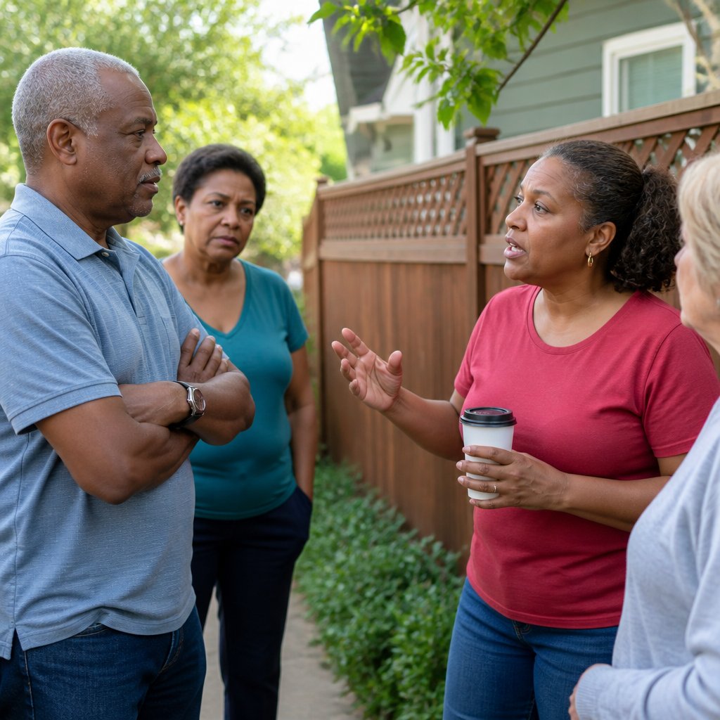 Mara animatedly speaking to neighbors by wooden fence, casual clothes