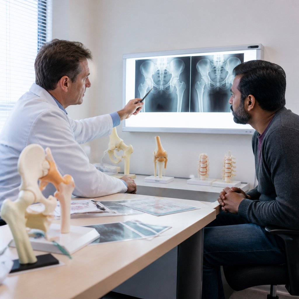 Orthopedic surgeon reviews X-rays with patient in clinic, discussing early implant migration.