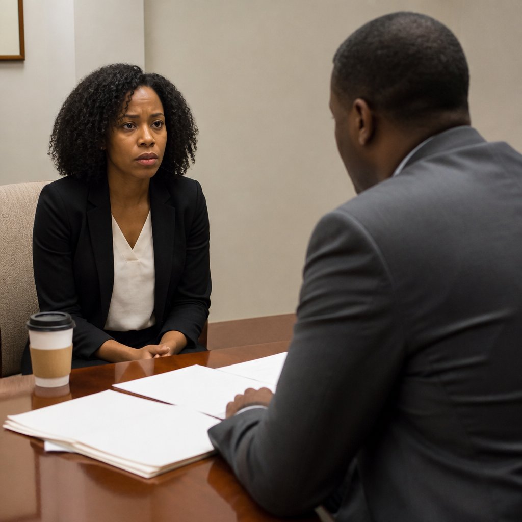 Client and lawyer in a conference room discussing legal threats, serious expressions.