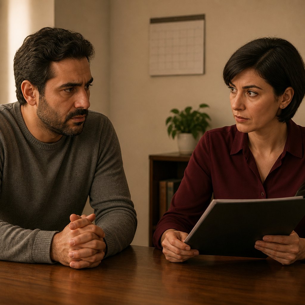 Frustrated man and serious HR woman talking face to face in a small HR office.