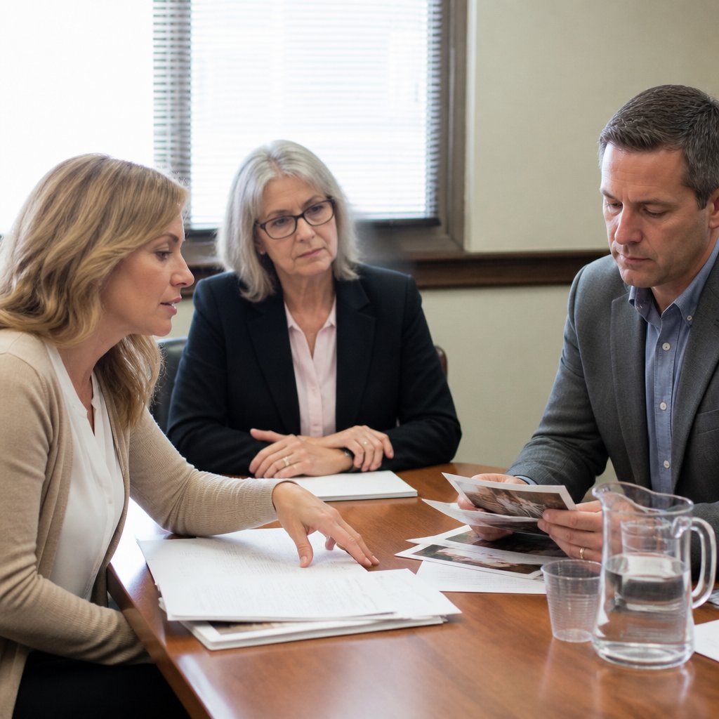 Protagonist speaking at a hearing table, facing the opposing neighbor and the hearing officer.