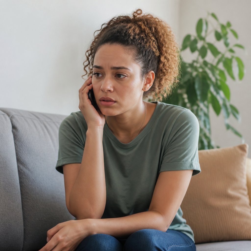 Woman on couch speaking urgently on phone, appearing distressed
