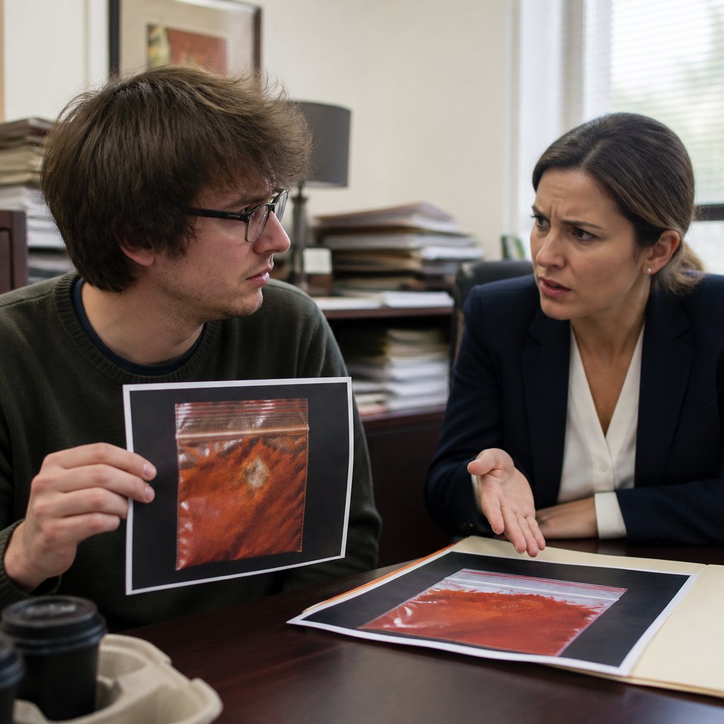 Lawyer's office with two people debating over a photo of a smudged spice packet.
